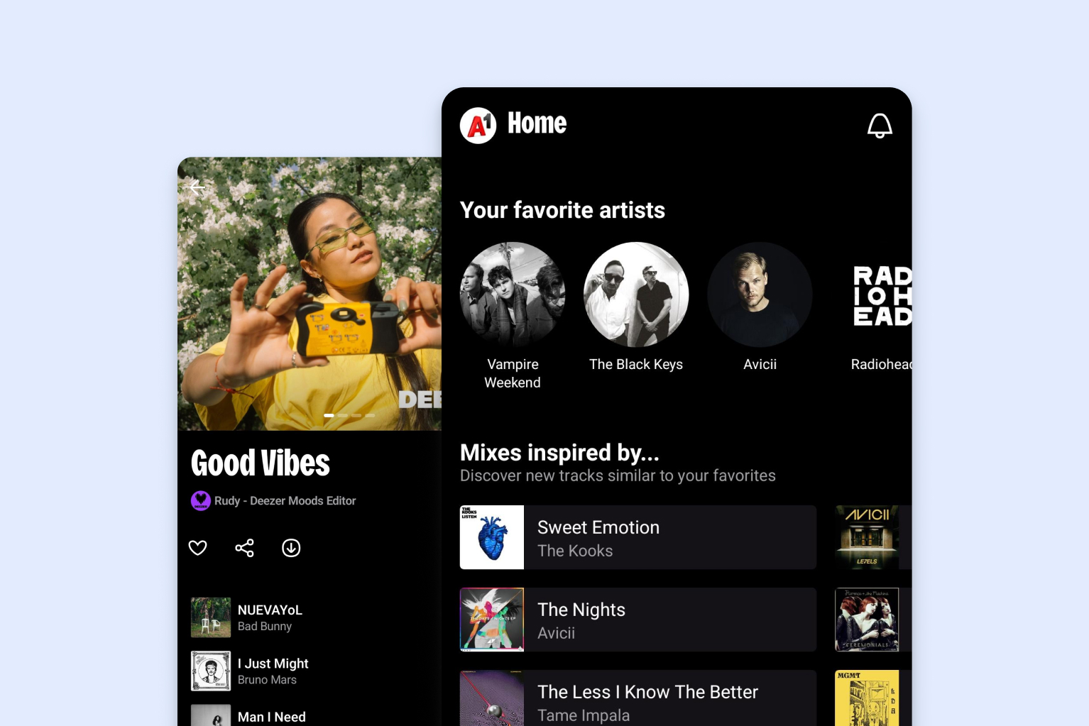 Zaslona aplikacije Deezer s prikazom glasbenih priporočil, najljubših izvajalcev in seznamov predvajanja.