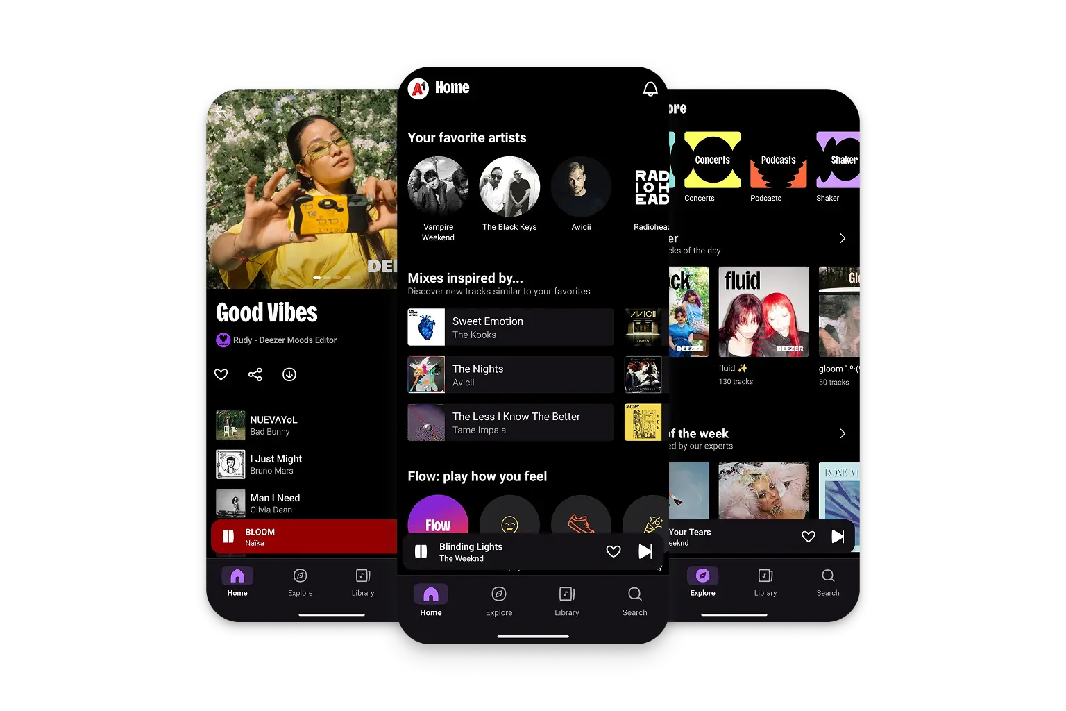 Trije zasloni mobilne aplikacije Deezer s prikazom glasbenih priporočil, seznamov predvajanja in predvajalnika glasbe.