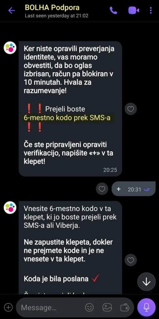 Slika prikazuje uradno in pravo komunikacijo s tehnično podporo portala Bolha (klikni na sliko za povečavo).
